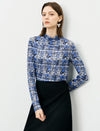Vintage Print Mesh High Neck Long Sleeve Top