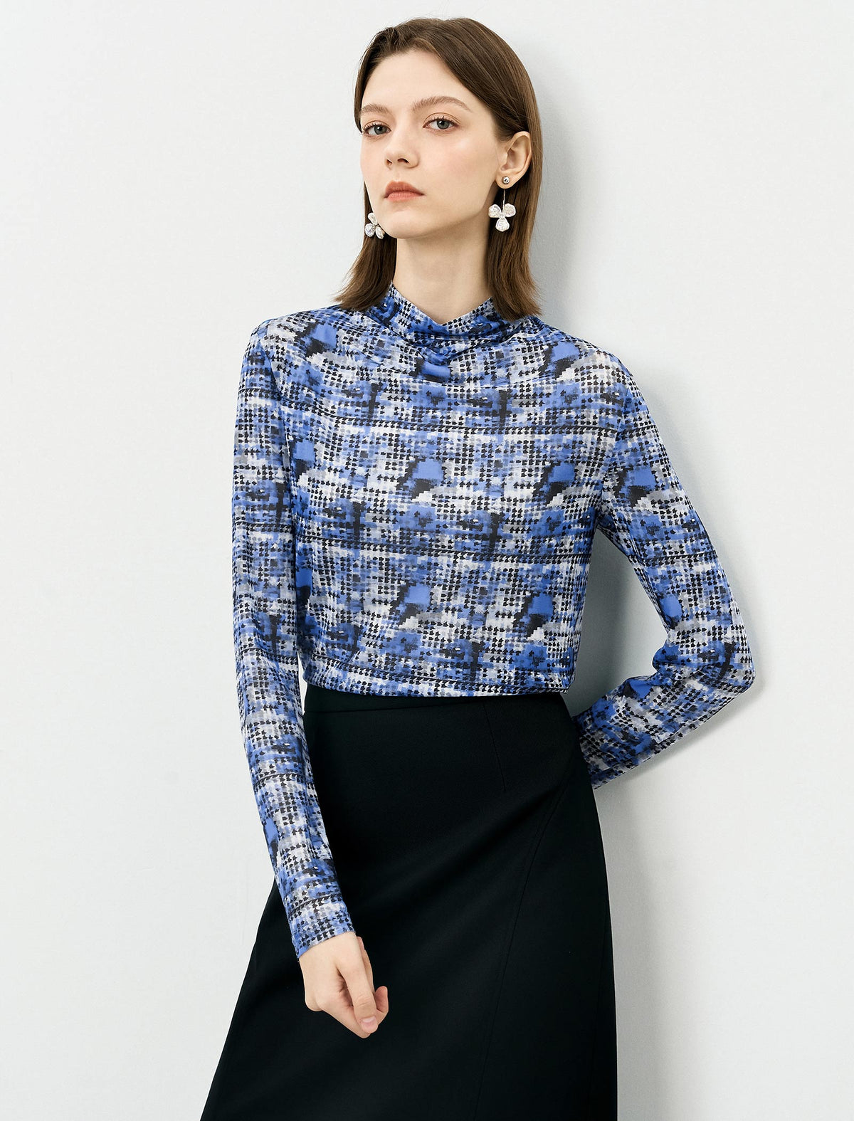 Vintage Print Mesh High Neck Long Sleeve Top