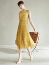 Mustard Yellow Floral Pleated Sleeveless Midi Dress