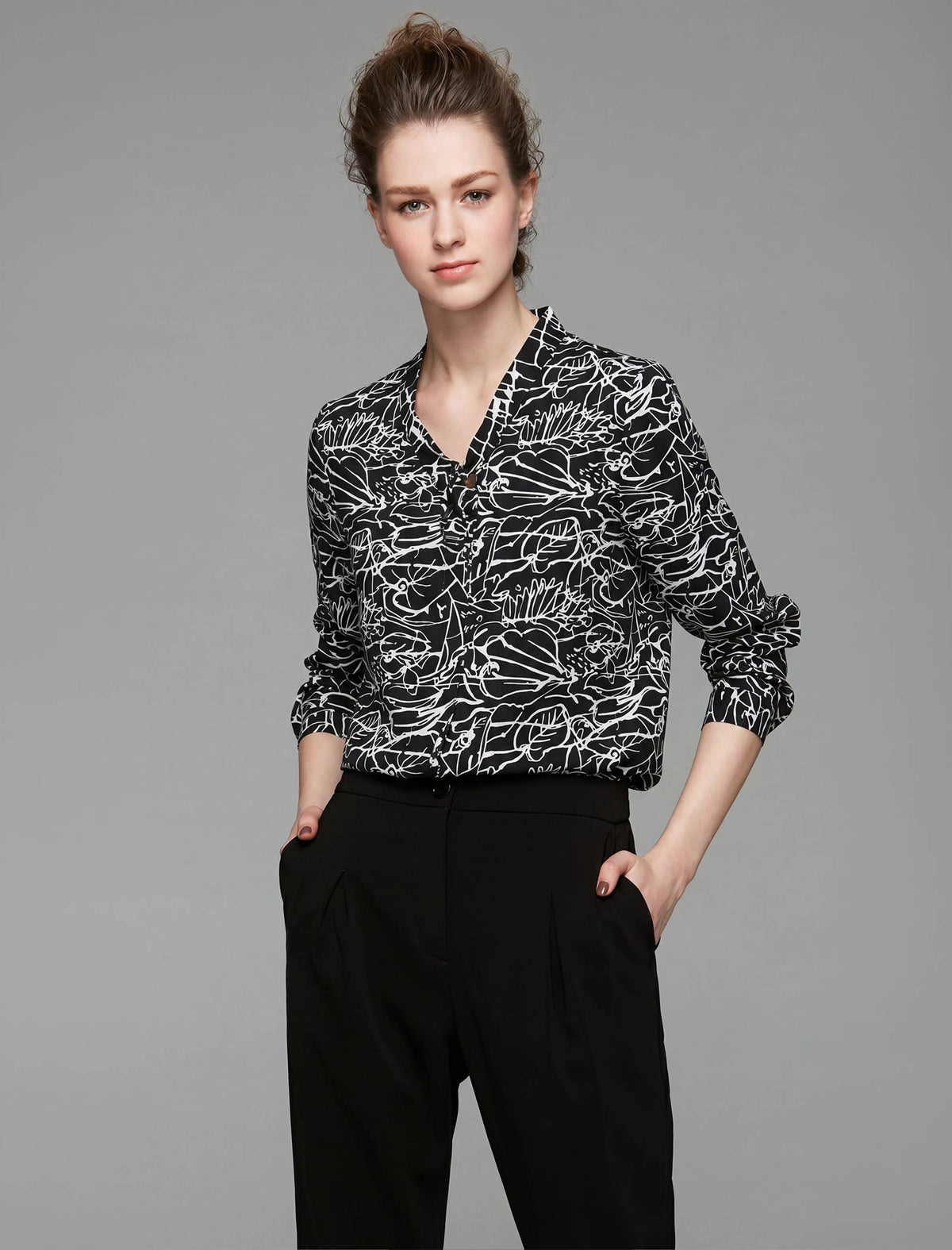 Crackle Print Tie Neck Blouse