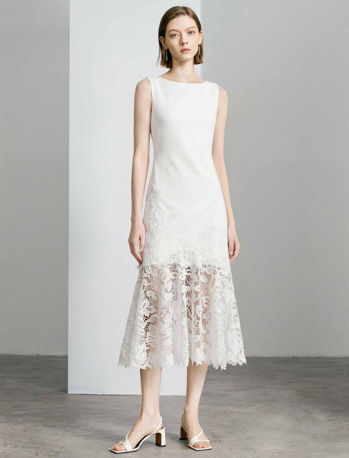 Sleeveless Boat Neck Floral Lace Hem Midi Sheath Dress