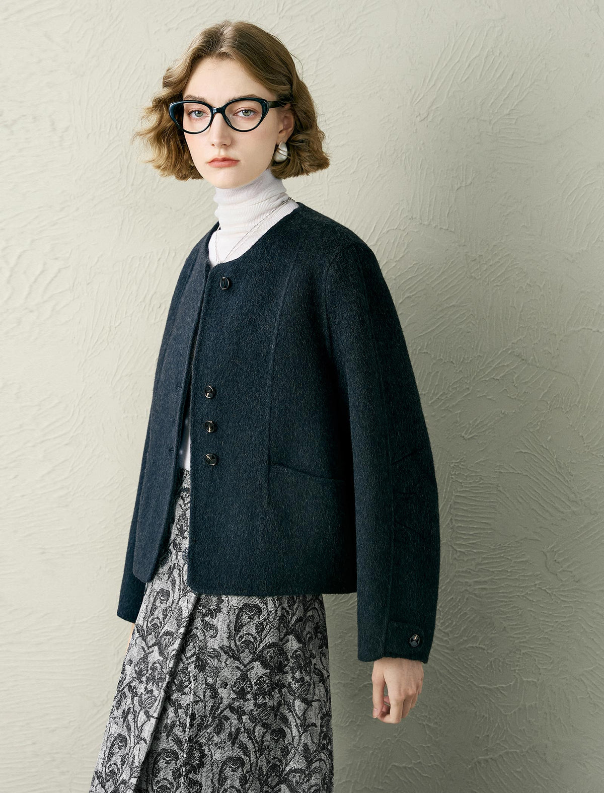 Wool-Blend Button Front Short Coat