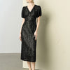 Black Lace Puff Sleeve Midi Dress - Black
