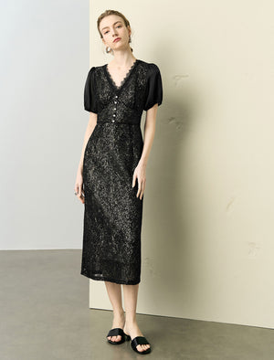 Black Lace Puff Sleeve Midi Dress