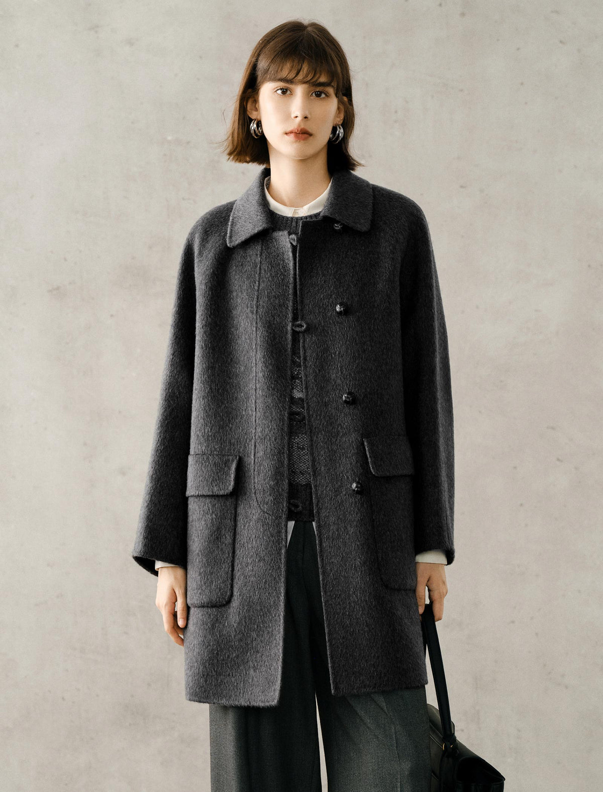 100% Wool Gray Double-Faced Lapel Mid-Length Coat