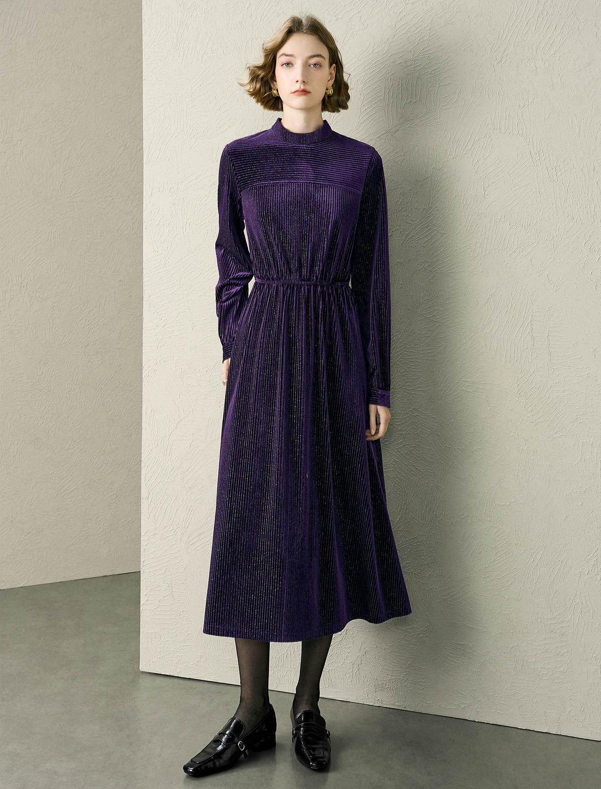 Mock Neck Velvet Midi Dress