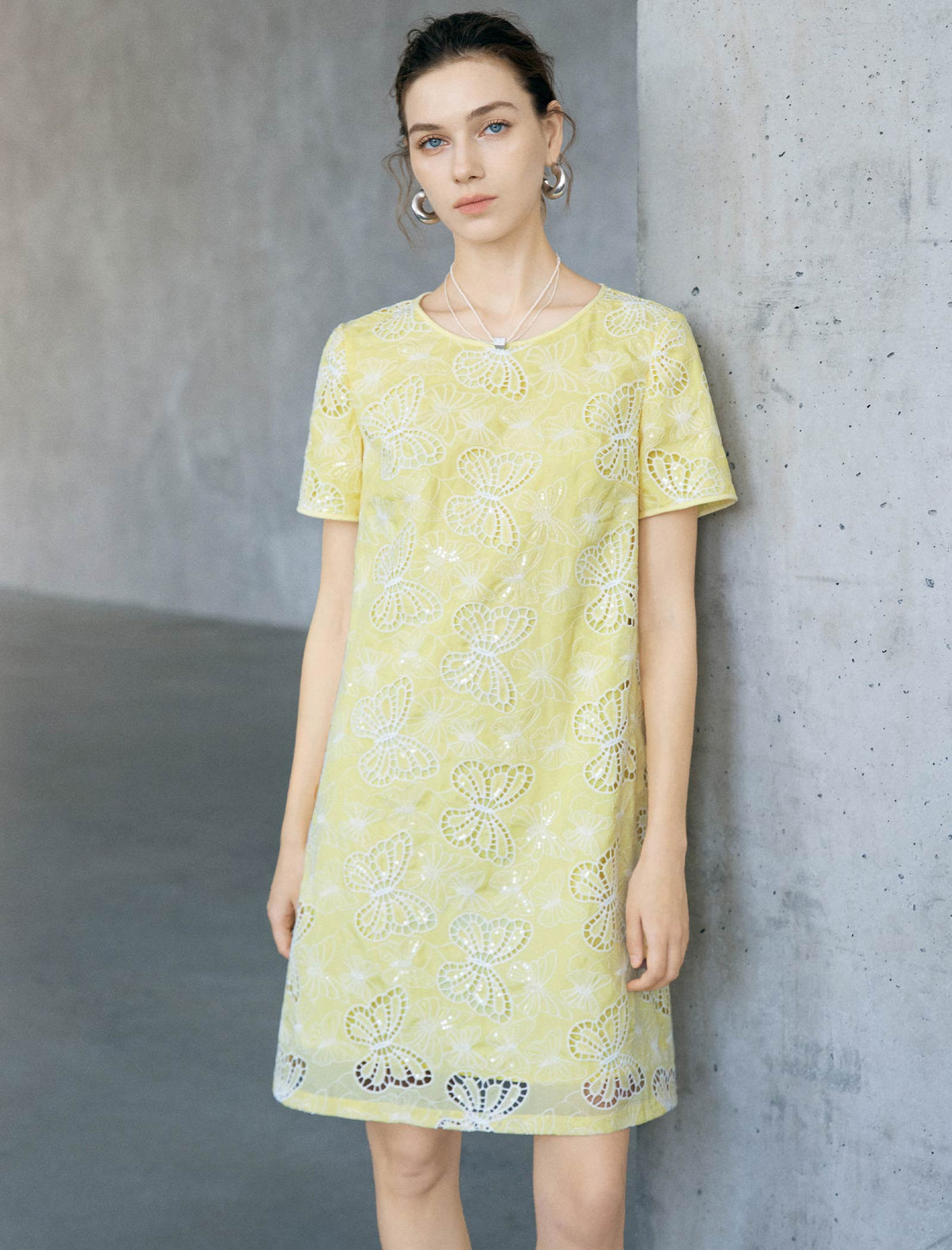 Yellow Butterfly Eyelet Embroidery Short Sleeve Shift Mini Dress