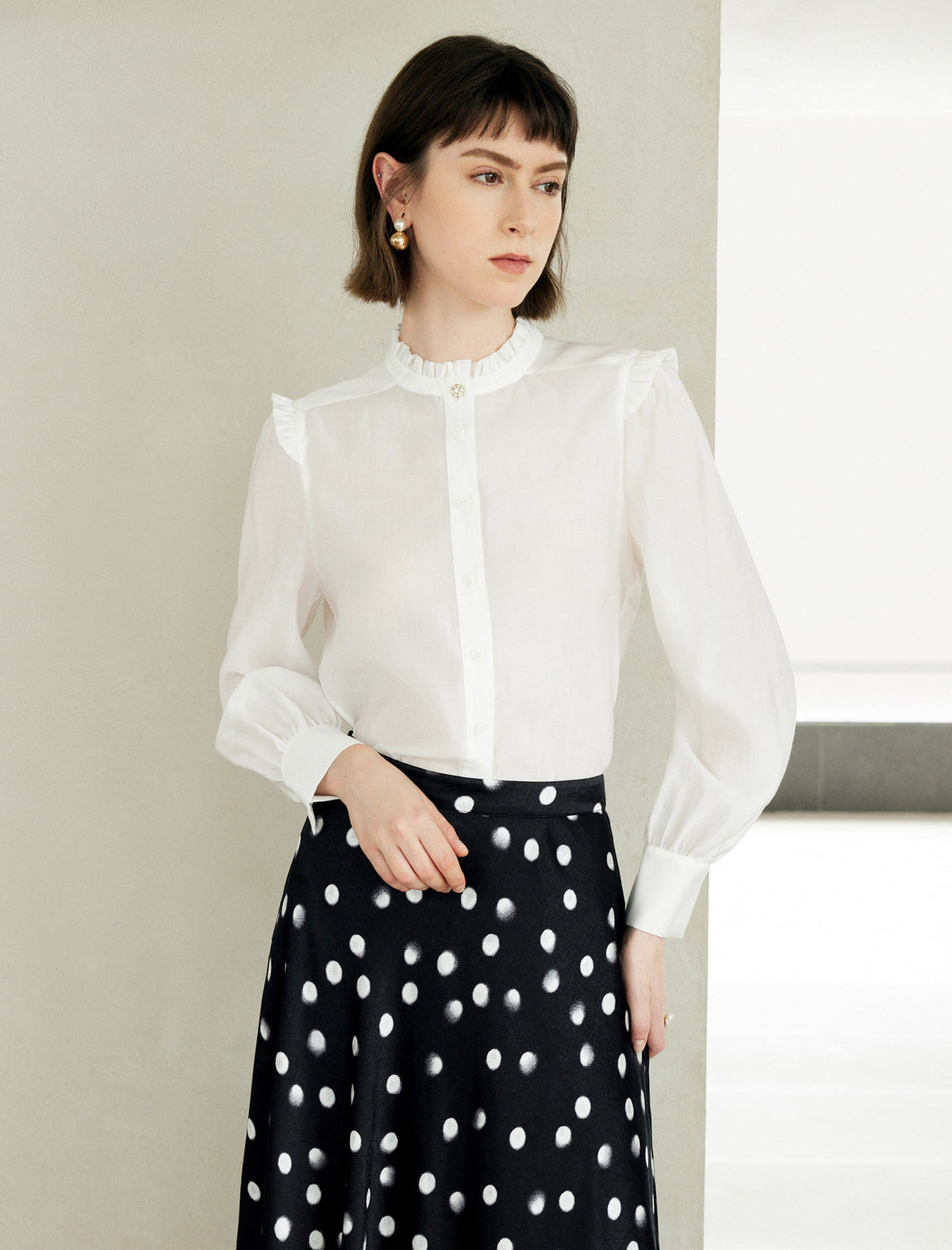 Elegant Ruffled Stand Collar Long-Sleeve Blouse