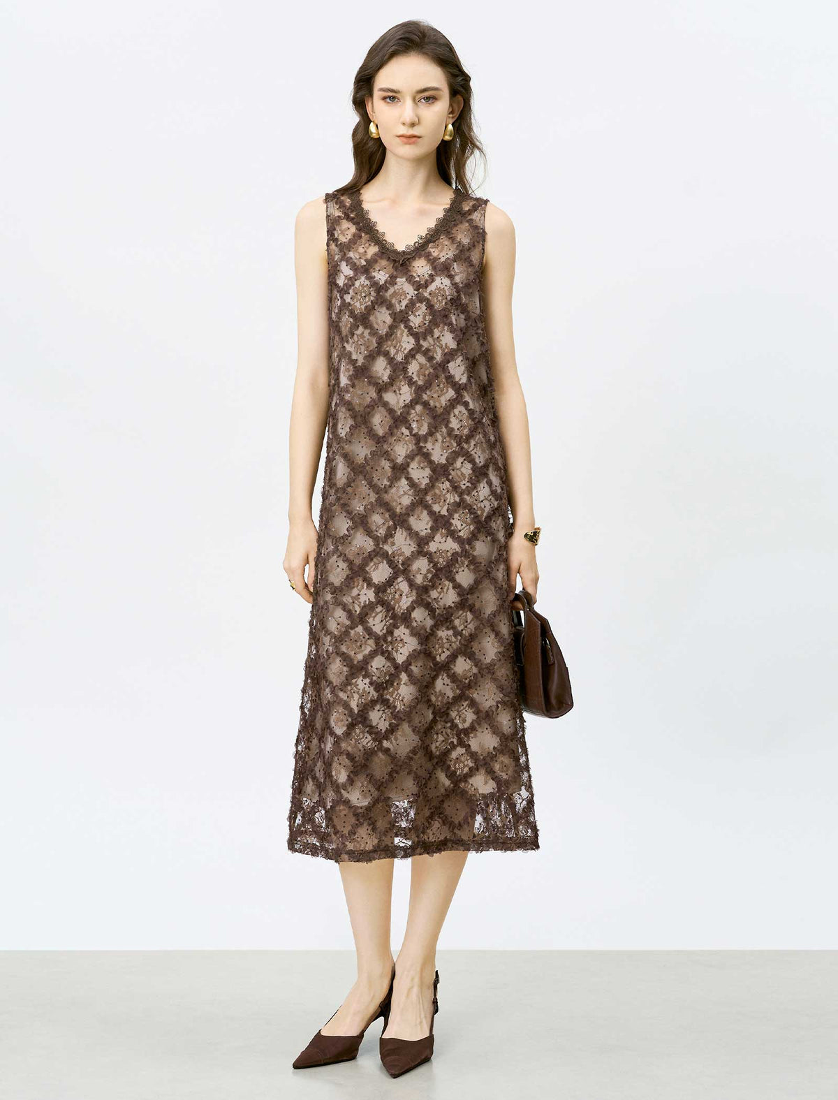 Brown Lace Embroidered Midi Dress