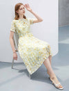 Floral Chiffon Waist-Cinched Pleated Dress