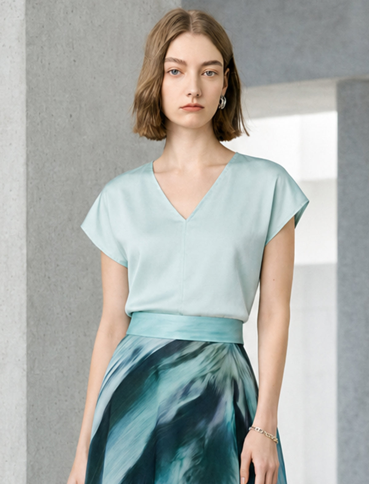 Mint Green V-Neck Cap Sleeve Blouse