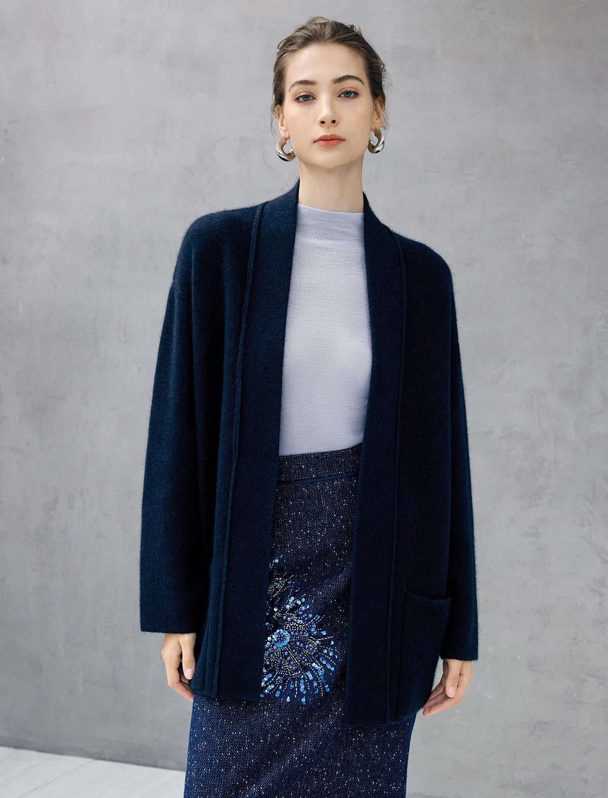 Wool Blend Shawl-Collar Open-Front Pocket Cardigan