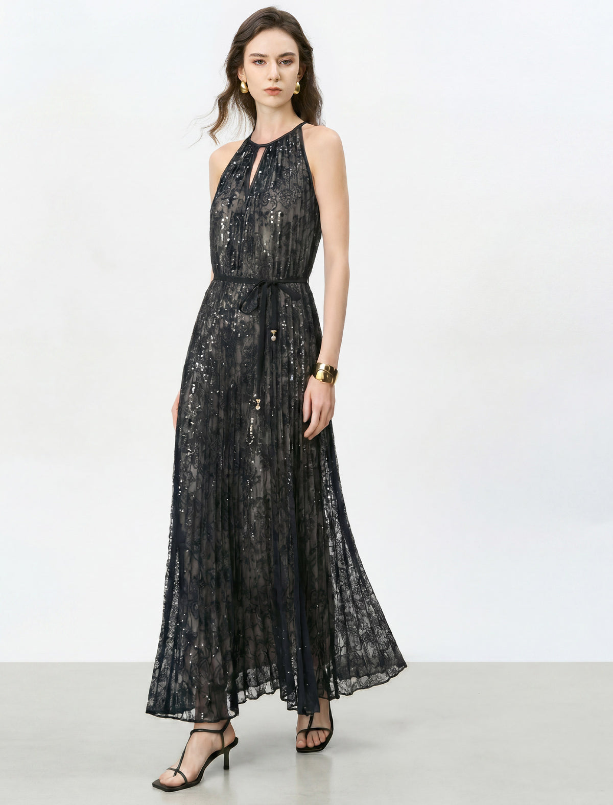 Black Sequin Floral Lace Halter Tie Waist Maxi Dress