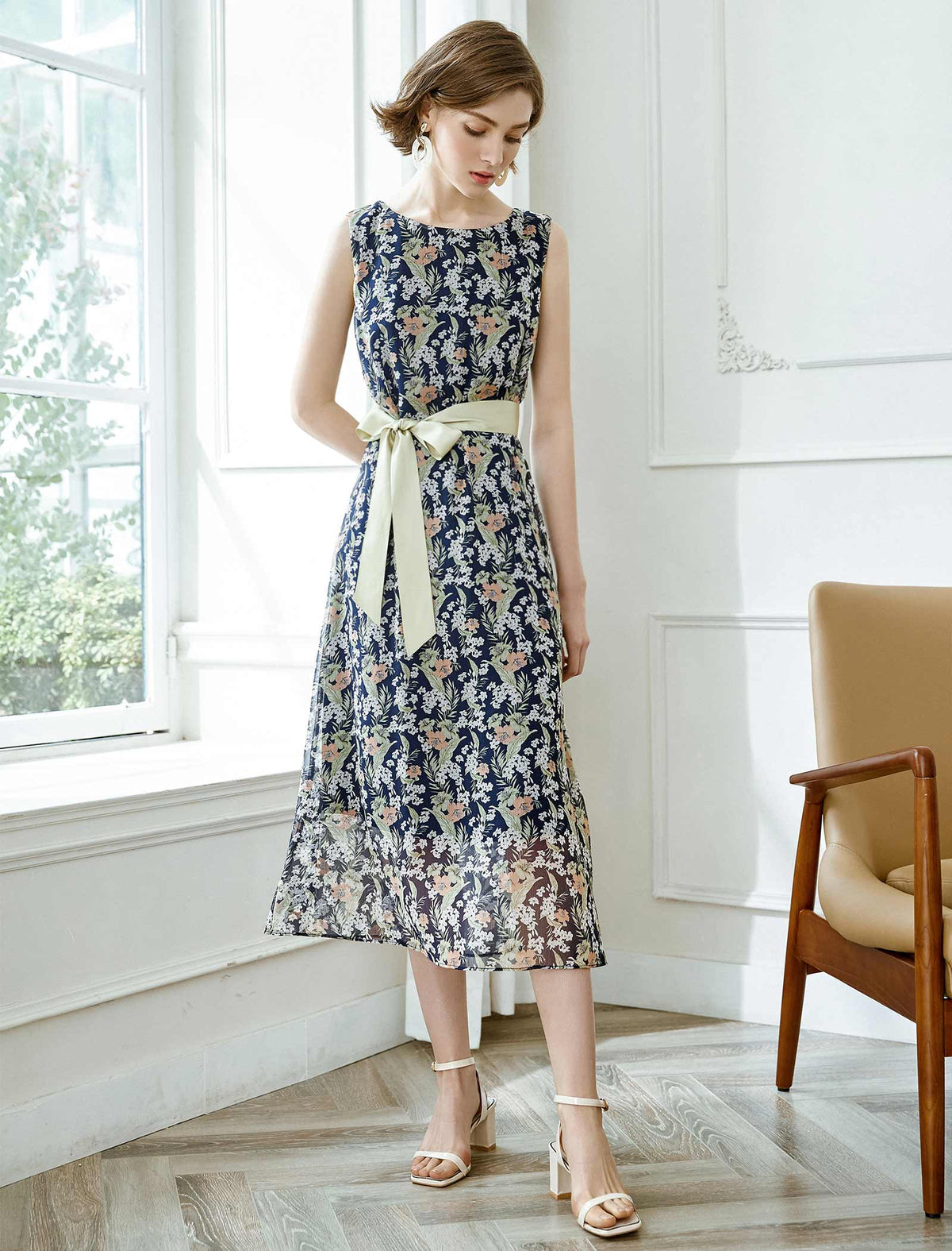 Chiffon Tie-Waist Floral Sleeveless Dress