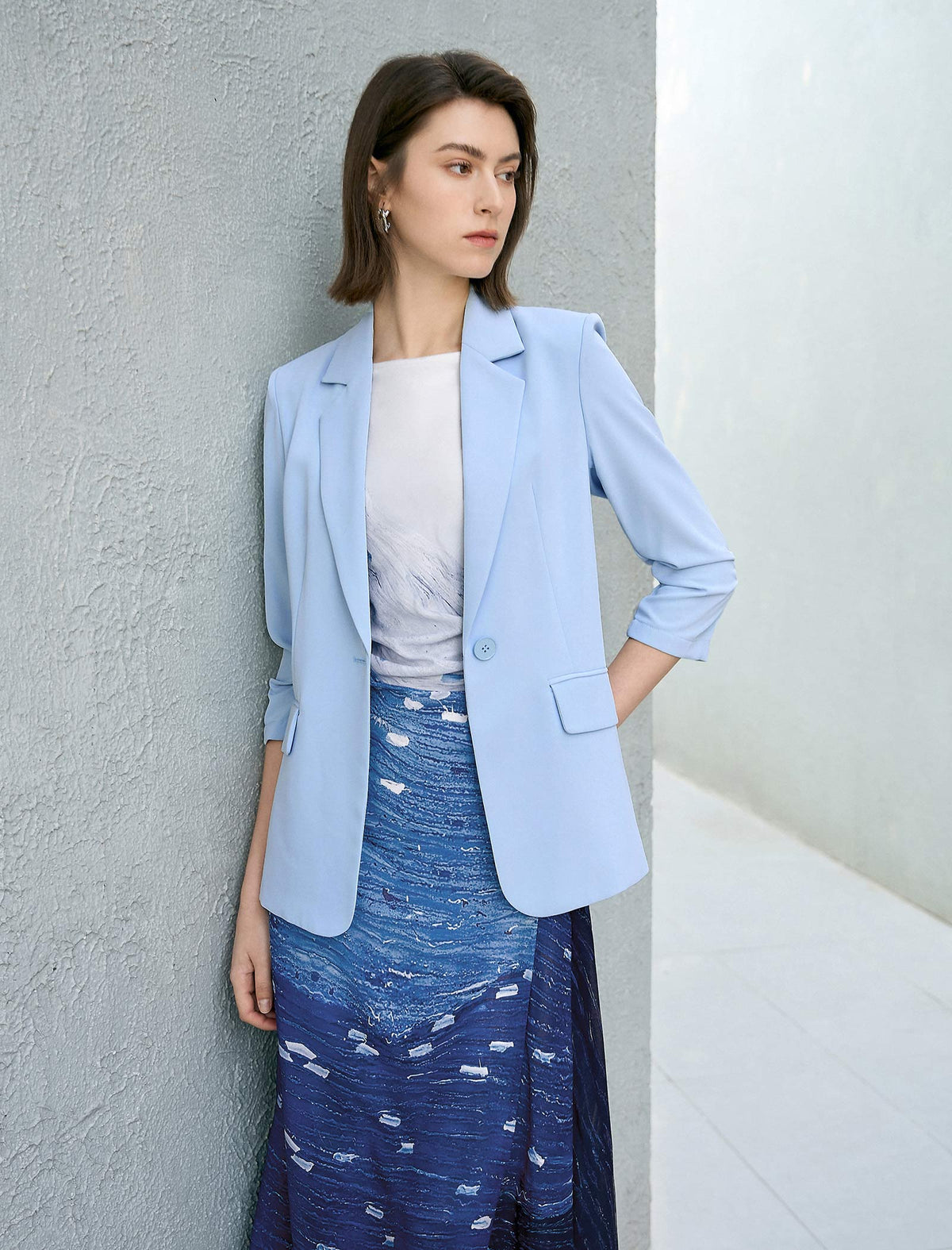 Single Button Ruched Sleeve Blazer