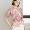 Tie Dye V-Neck Wrap Elbow Sleeve Top - Pink Flower