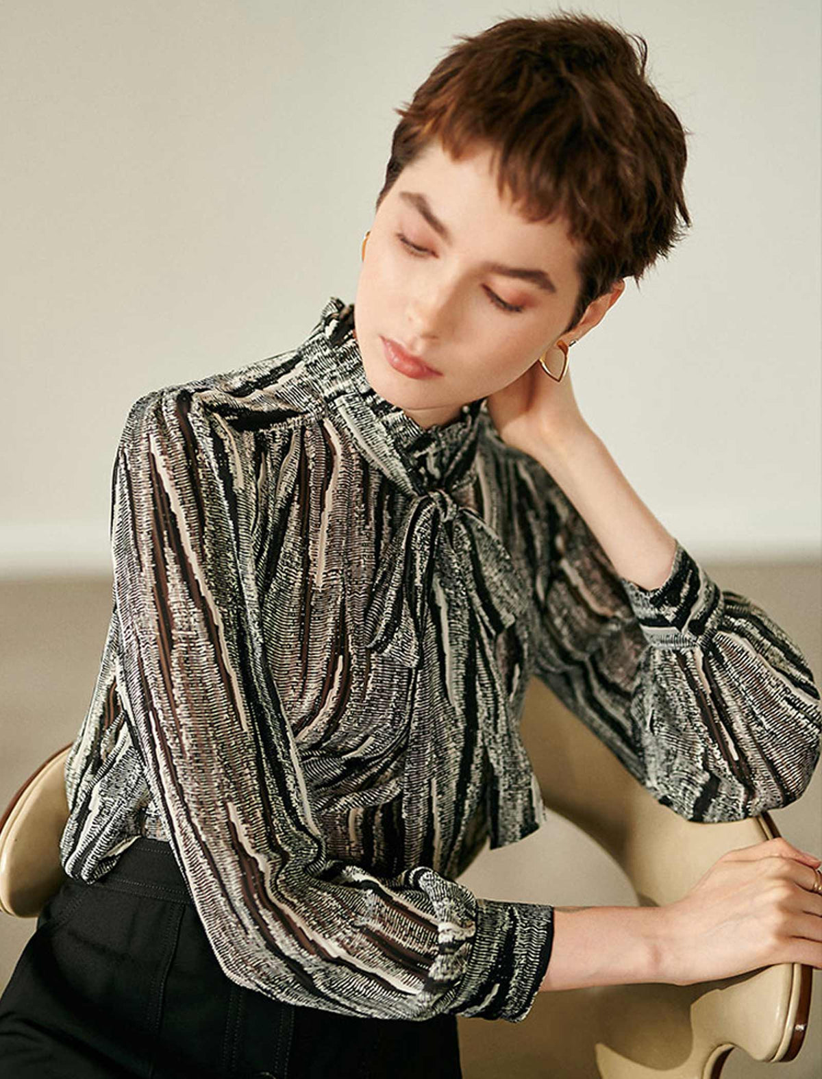 Silver Striped Tie-Neck Blouse