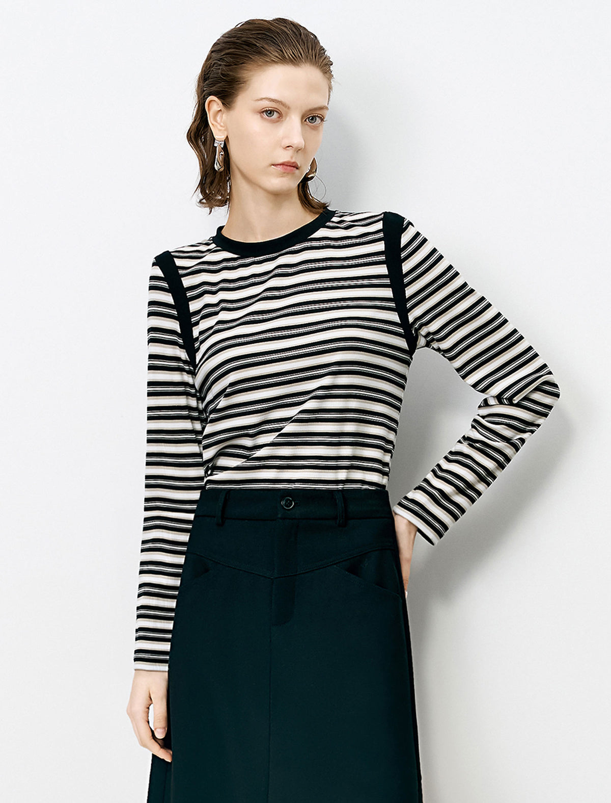 Striped Contrast-Panel Long-Sleeve Knit Top