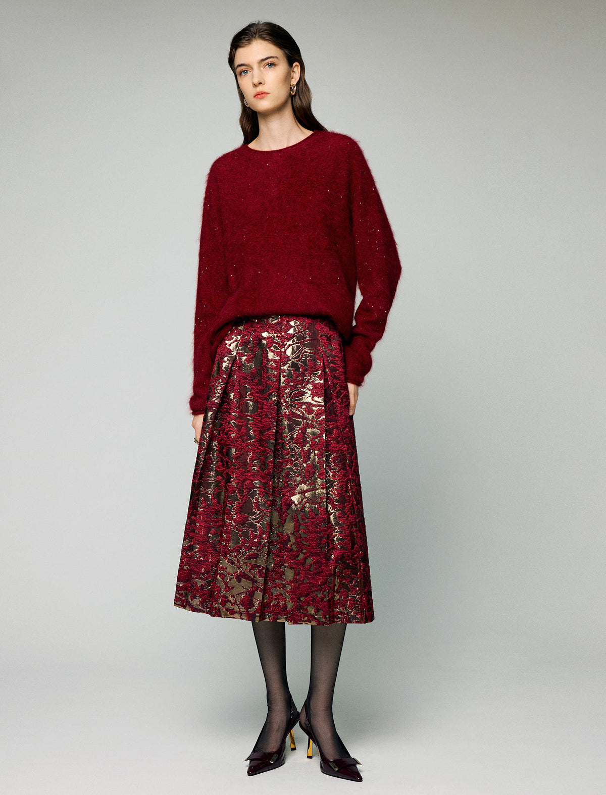 Metallic Floral High-Waist A-Line Midi Skirt