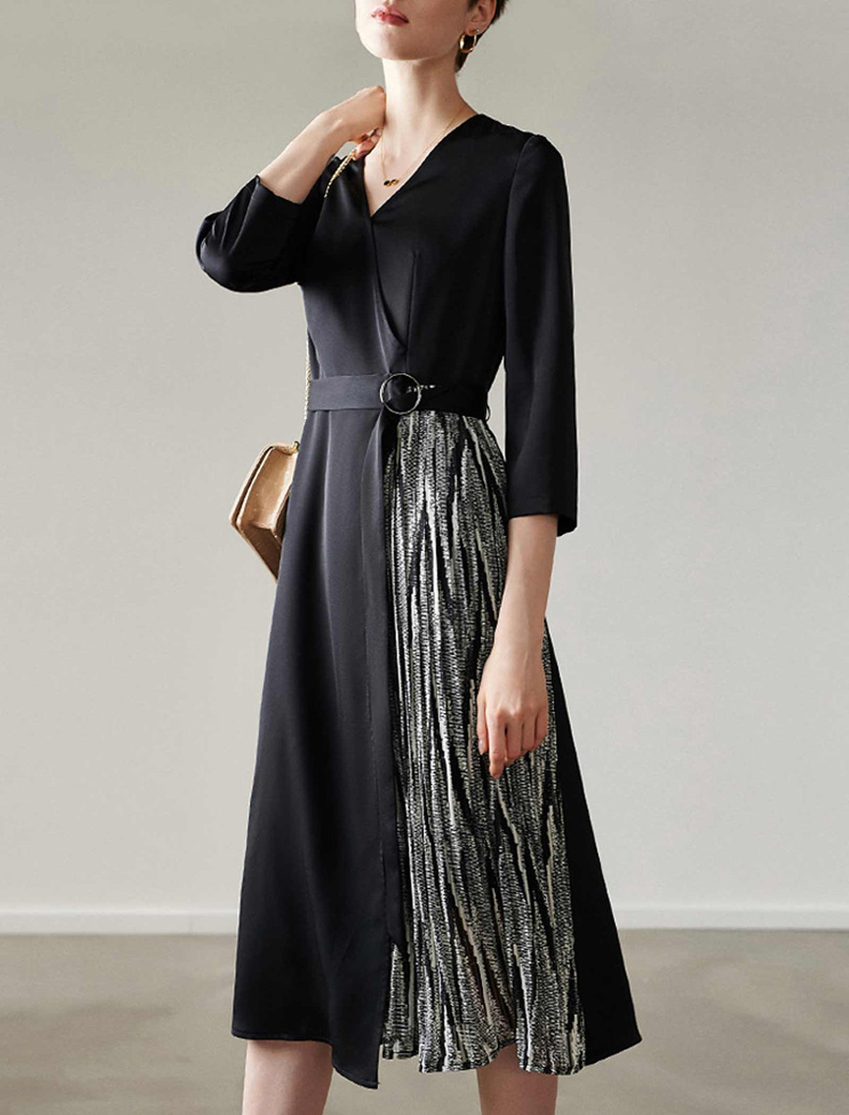 Black Asymmetrical Wrap Midi Dress