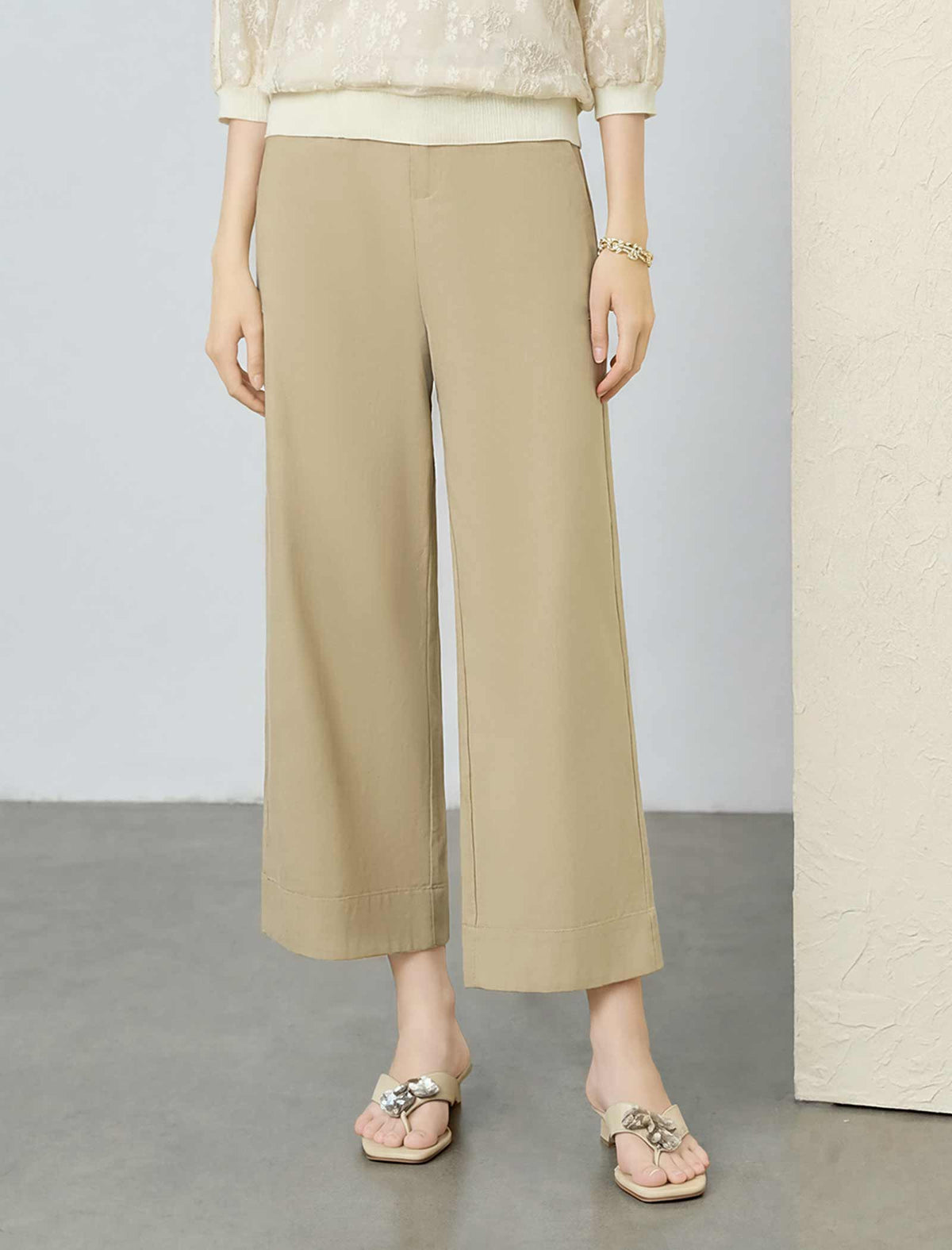 Tencel Khaki High Waisted Wide Leg Cropped Pants