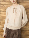 Wool Blend Tie‑Neck Ruffled Trim Lantern Sleeve Knit Top