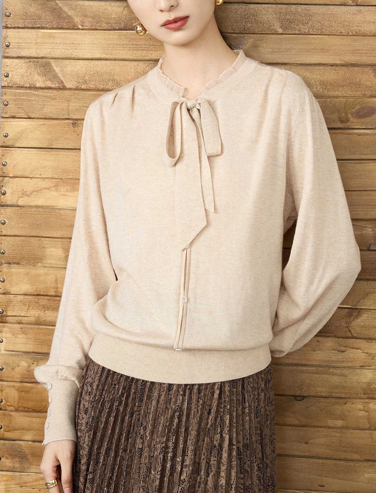 Wool Blend Tie‑Neck Ruffled Trim Lantern Sleeve Knit Top