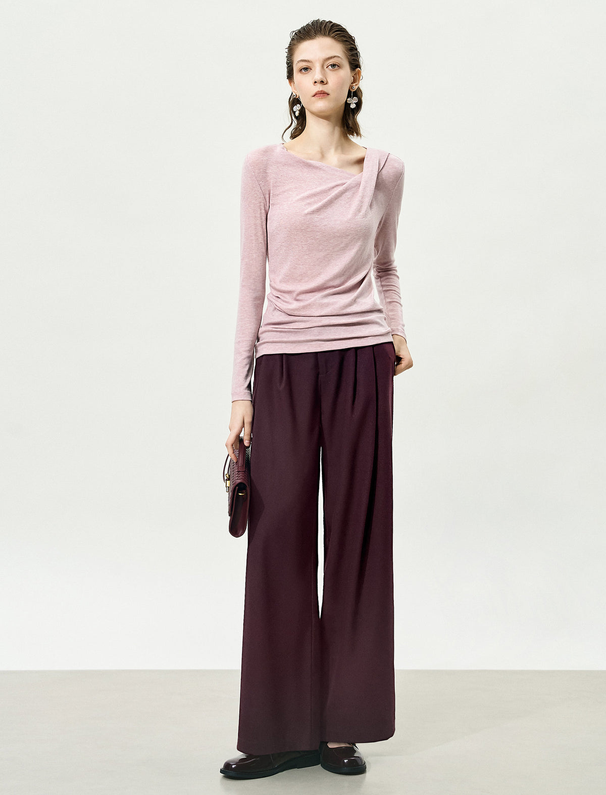 Asymmetric Neck Long-Sleeve Ruched Top