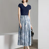 Navy Blue Leaf Print V-Neck Midi Dress - Blue