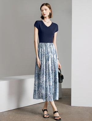 Navy Blue Leaf Print V-Neck Midi Dress