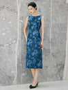 Blue Floral Sleeveless Knee-Length Sheath Dress