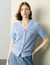 Blue Short-Sleeve V-Neck Button-Front Cardigan