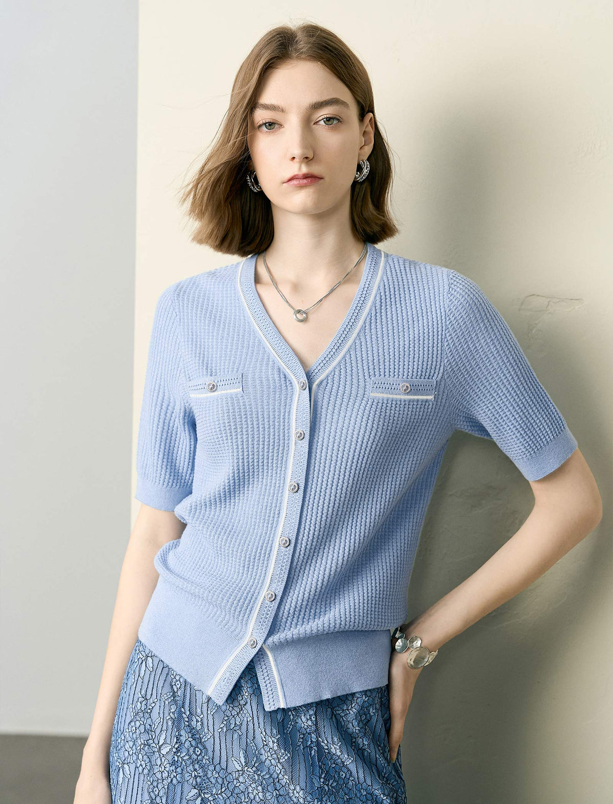 Blue Short-Sleeve V-Neck Button-Front Cardigan