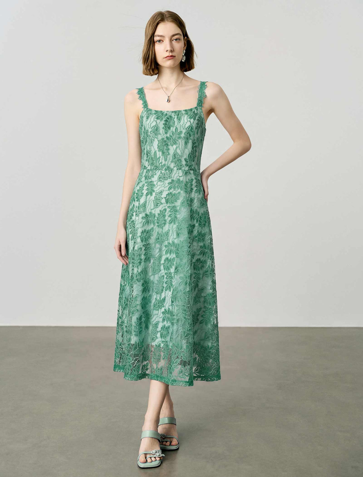 Sage Green Floral Lace Square Neck Cami Midi Dress