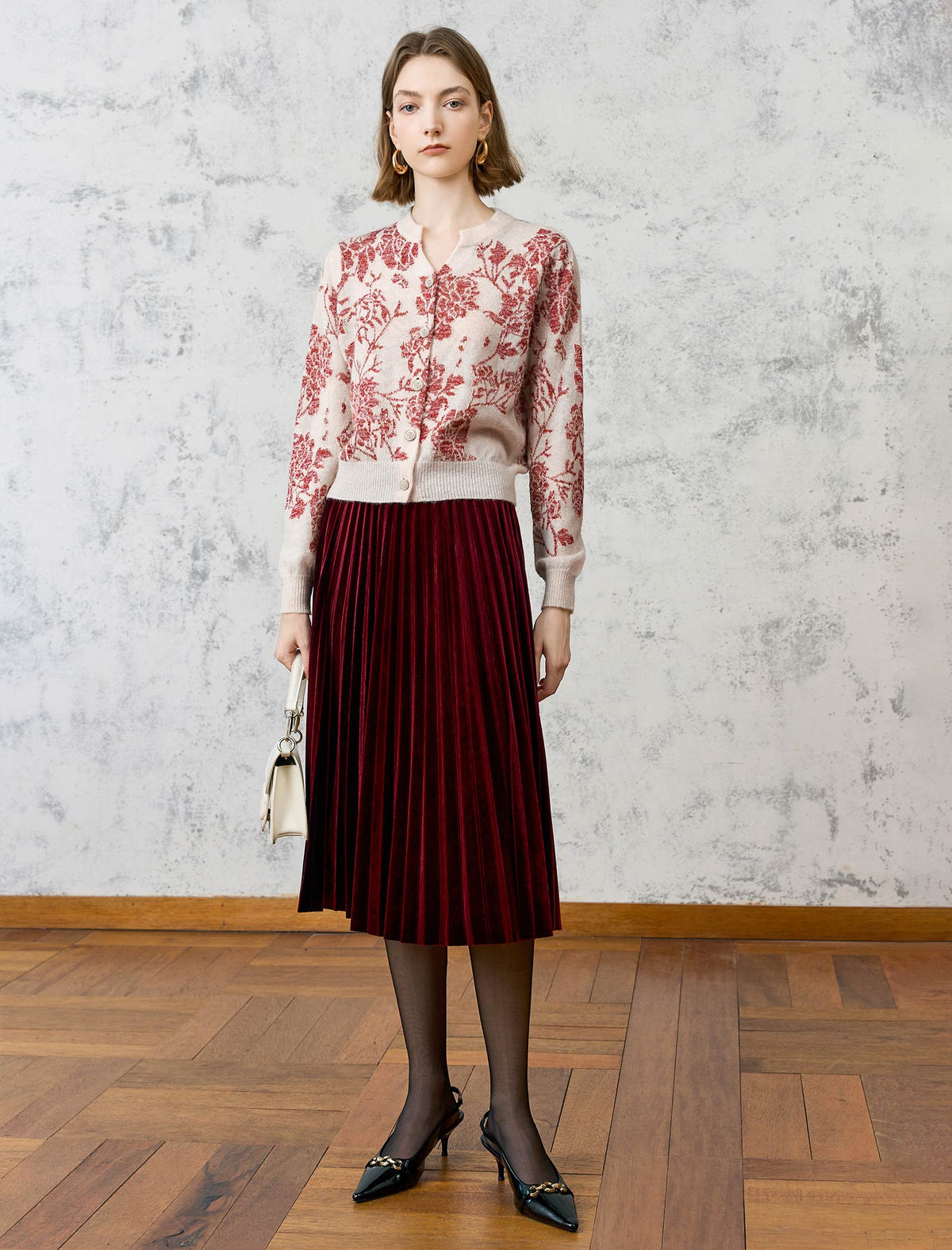 Wool Floral Jacquard Long Sleeve Knit Cardigan
