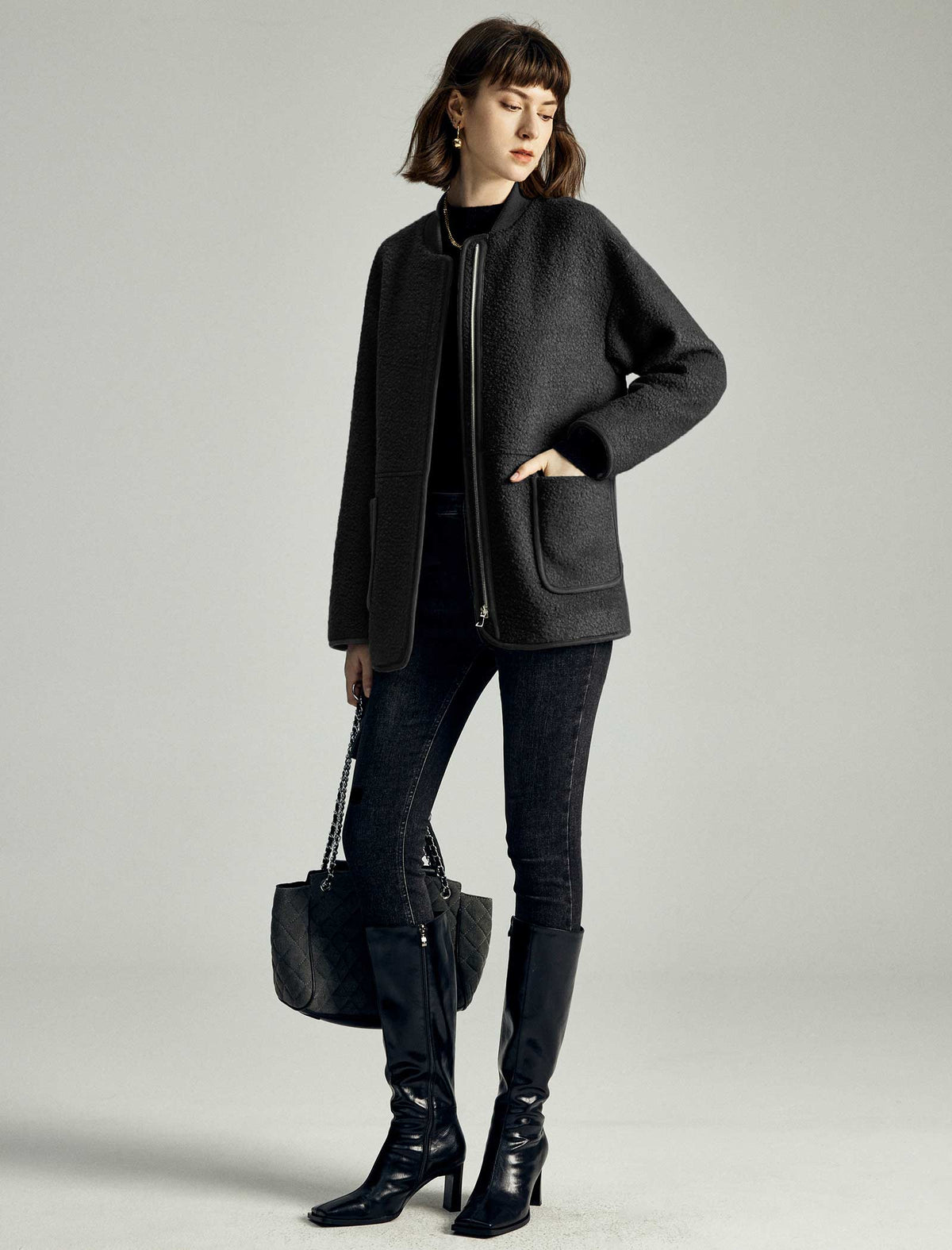 Wool-Blend Pocket Detail Bomber Jacket