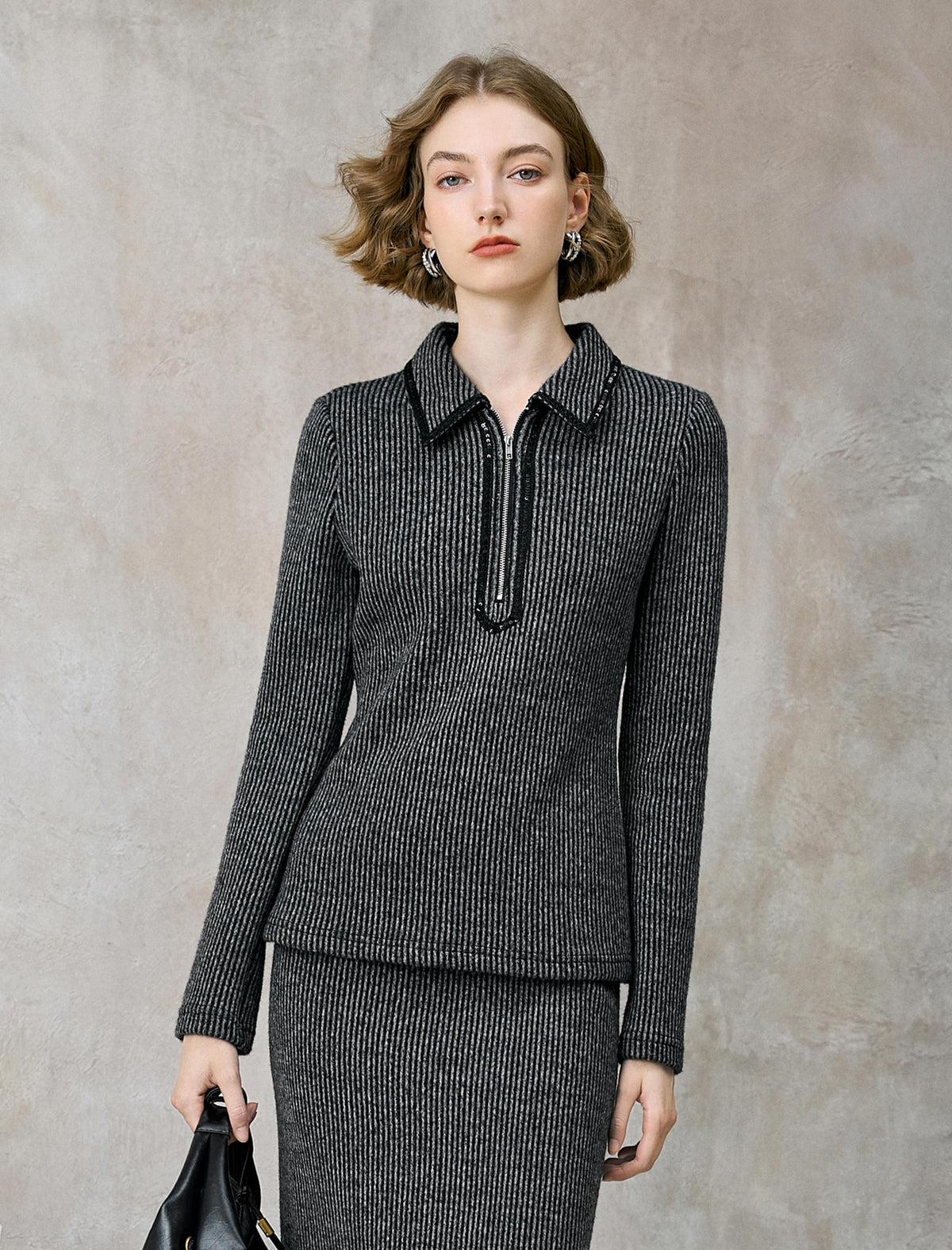 Striped Zip-Up Polo Knit Top