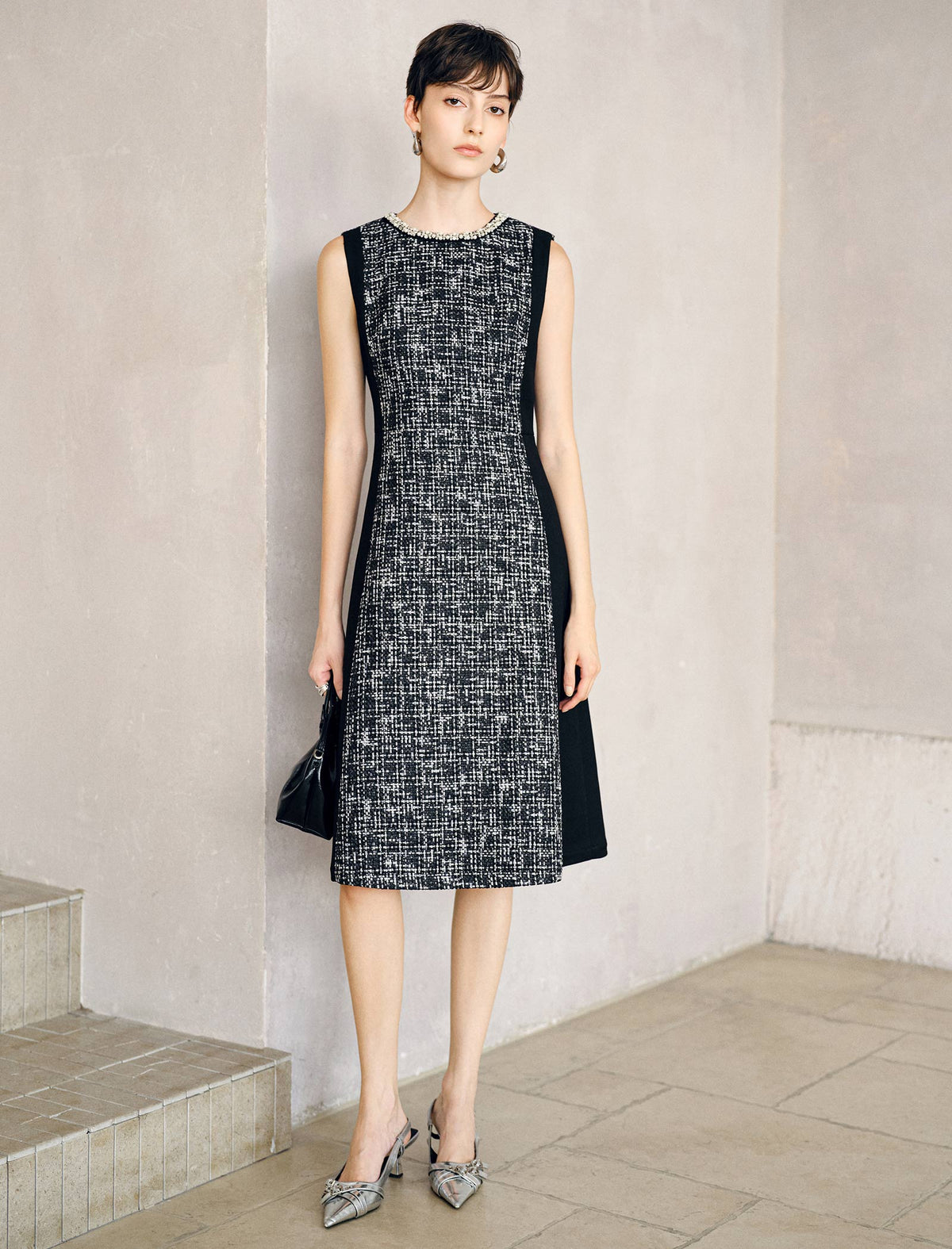 Wool Blend Pearl Beaded Crewneck Tweed Sheath Dress