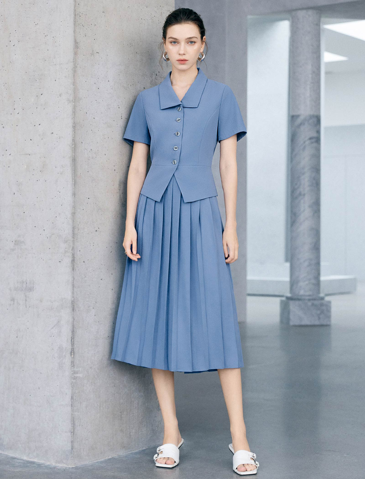 Dusty Blue Solid Permanent Pleat Midi A-Line Skirt
