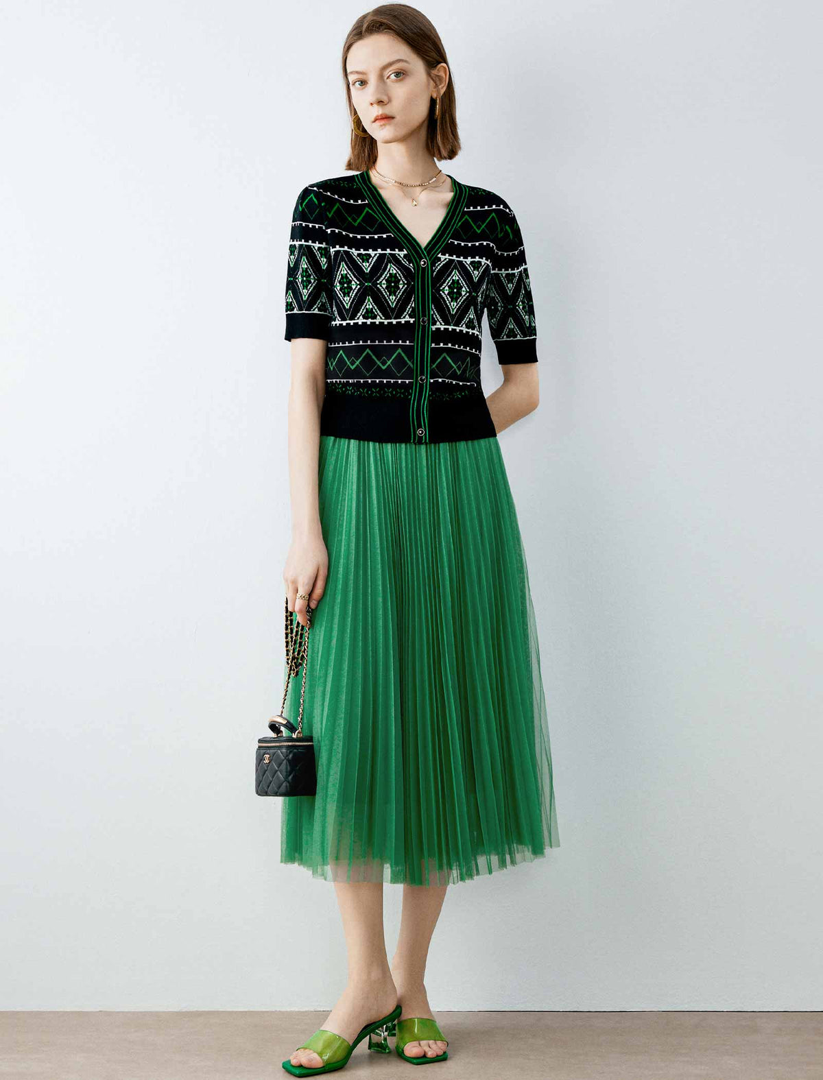 Green Pleated Mesh A-Line Midi Skirt