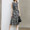 Geometric Print Sleeveless Midi Dress - Black White Flower