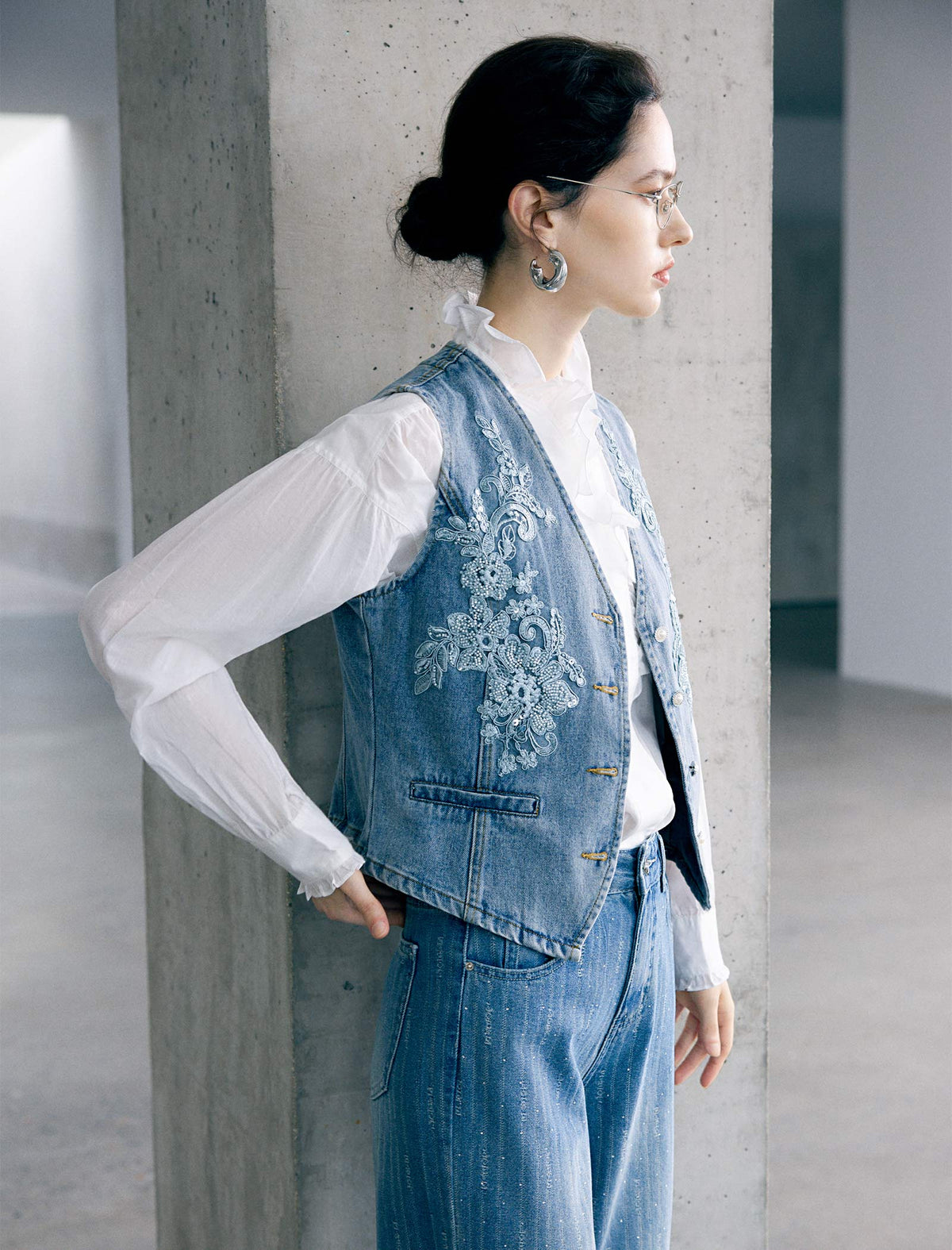 Lace Embroidered Beaded Denim Vest