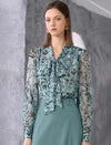 Sheer Abstract Print Bow Neck Blouse