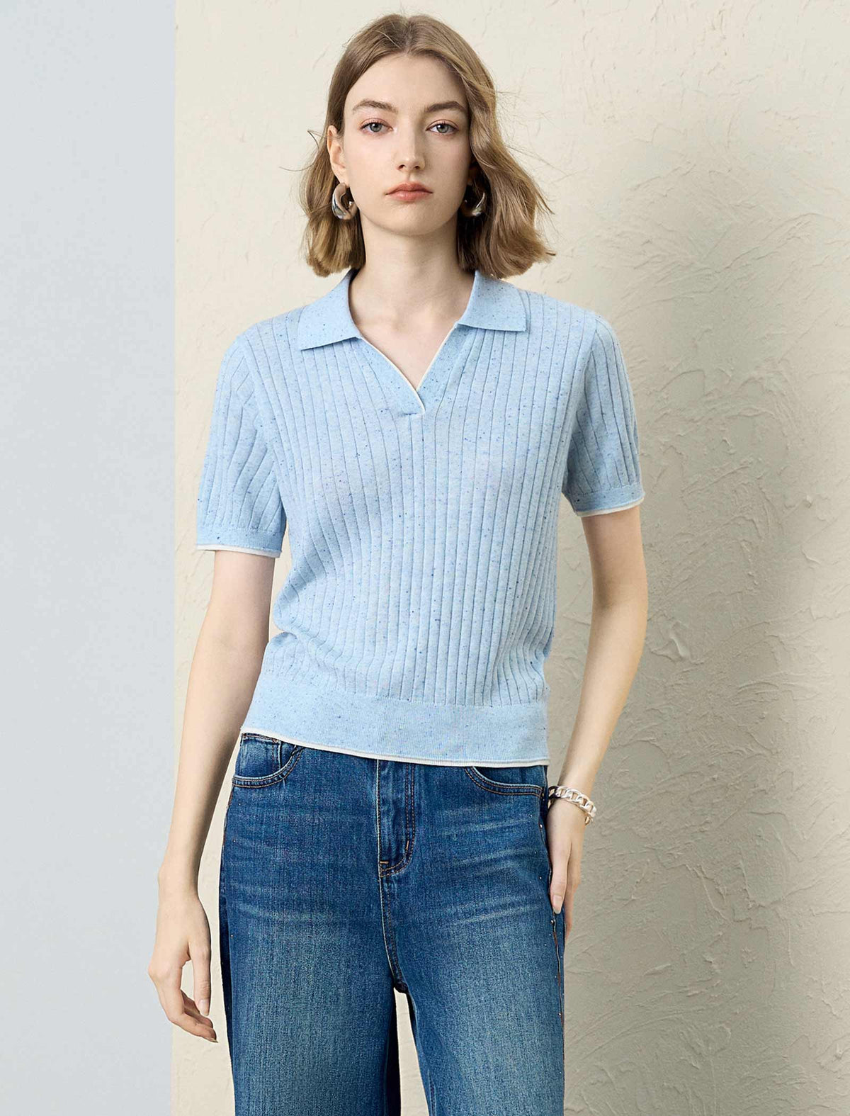 Ribbed Polo‑Collared Knit Short‑Sleeve Top