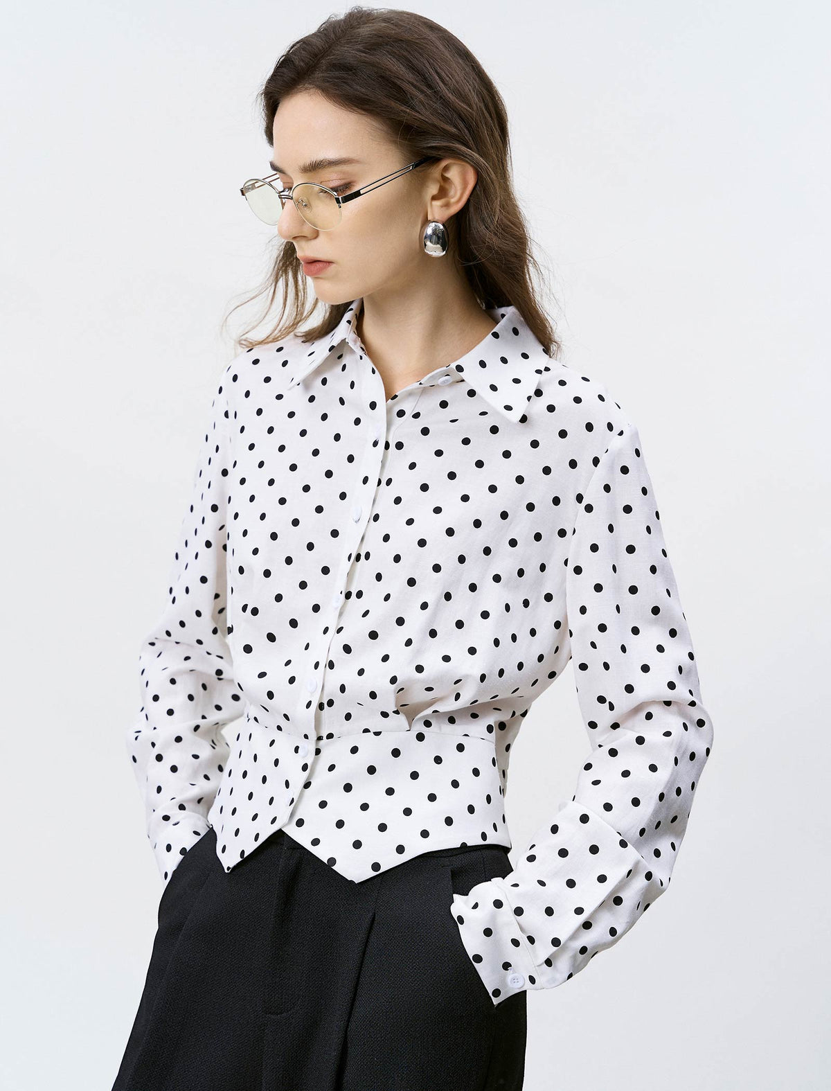 Polka Dot Waist-Cinched Tencel Linen Blouse