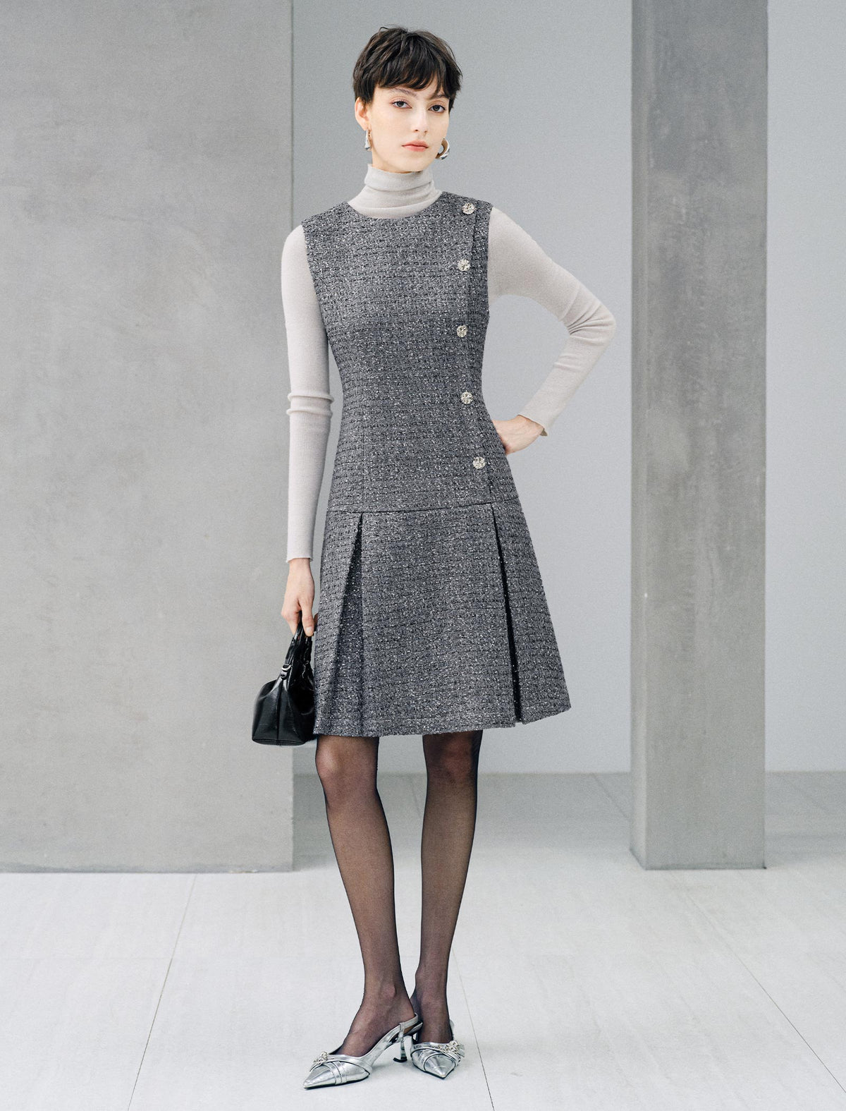 Silver Gray Shimmer Tweed Sleeveless Dress Round Neck Pleated Midi Dress
