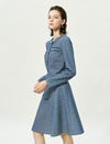 Textured Tweed Long-Sleeve A-Line Dress with Pearl Buttons
