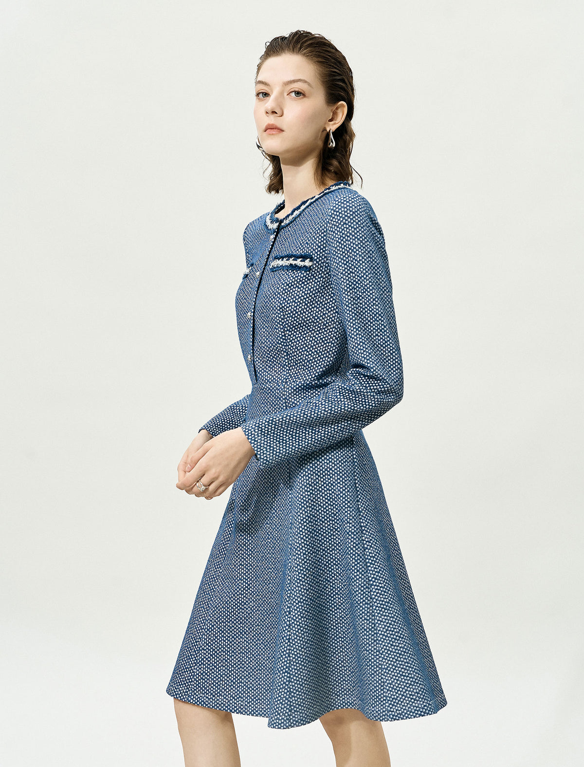 Textured Tweed Long-Sleeve A-Line Dress with Pearl Buttons
