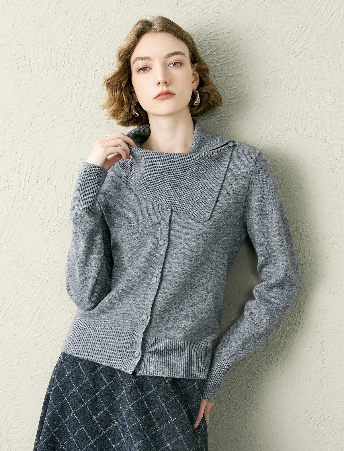 Asymmetric Collar 100% Wool Cardigan