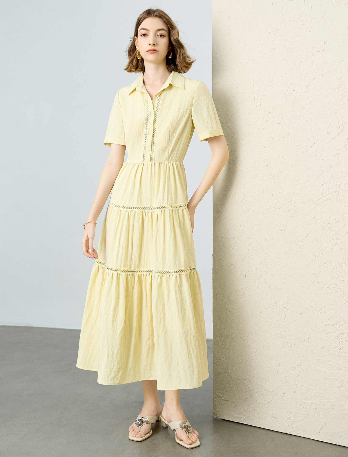 Pale Yellow Tiered Tencel Linen Midi Shirt Dress